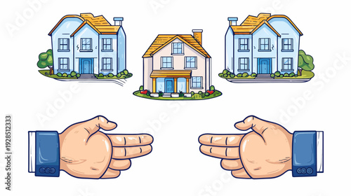 A cartoon illustration of three houses and two hands pointing towards the middle home