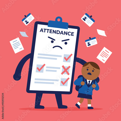 Angry attendance sheet chasing a scared student.