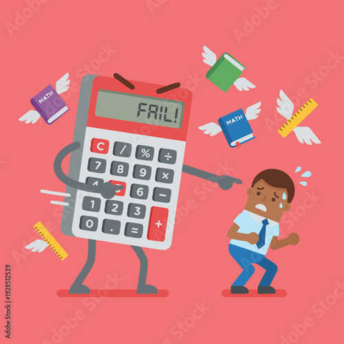 Angry calculator scolding a scared student with flying books.