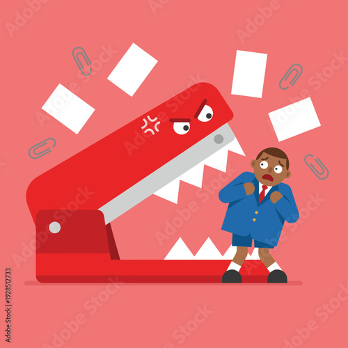 Angry Stapler Attacking Scared Businessman.