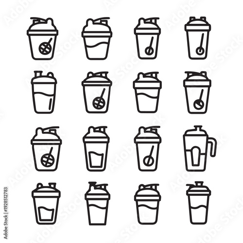 Protein Shaker Bottle Icons Collection Fitness Supplement Drink Mixers Line Art Style