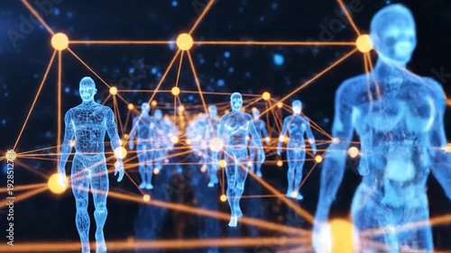 Digital human figures connected by network nodes