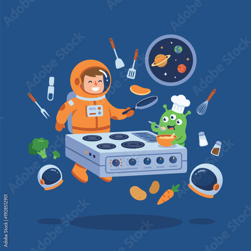 Astronaut and Alien Cooking in Space Kitchen.