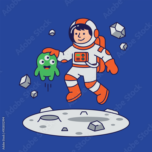 Astronaut holding alien on moon surface.