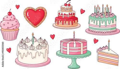 Hand drawn birthday cake vector illustration set with cupcake heart cookie and tiered party desserts for celebration greeting cards bakery menu and sweet shop branding.