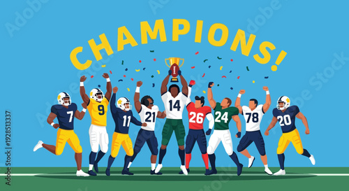 American Football Champions Celebrate Victory With Trophy Under Confetti Shower