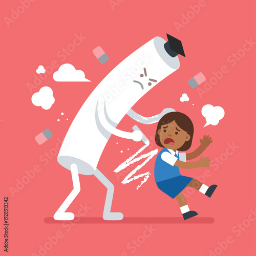 Bullying in schools, a giant cigarette terrorizing a student.