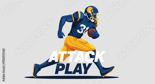 American Football Player In Motion with Ball and Text 'Attack Play' on Display
