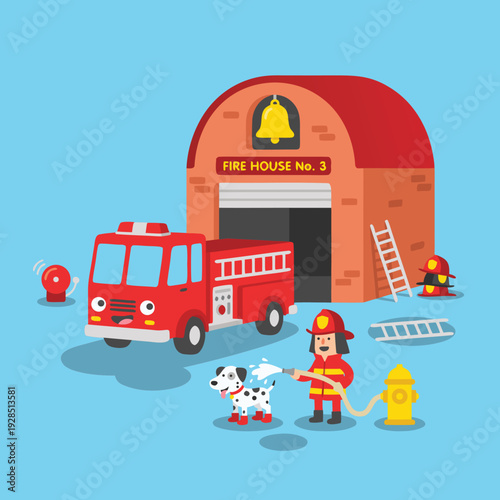 Cartoon Fire Station with Firefighter and Dalmatian Dog.