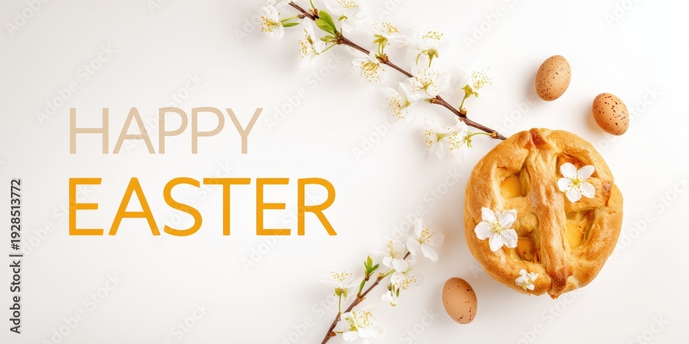 Obraz premium Easter greeting with text, a round pie decorated with flowers, speckled eggs, and blossoming branches on a white background.