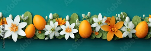 Decorative border with orange Easter eggs, white and orange flowers, and green leaves on a teal background, evoking a festive spring atmosphere.