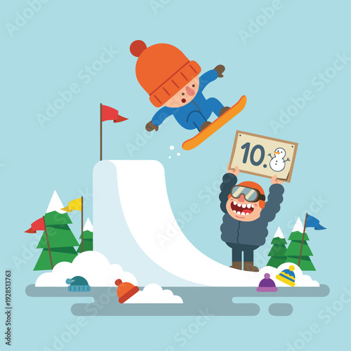 Cartoon Snowboarder Jumps Off Ramp with Judge Holding Scoreboard.