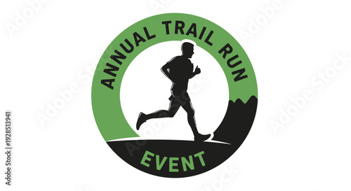 Annual Trail Run Event Logo Featuring Silhouette of a Runner and Mountain Design