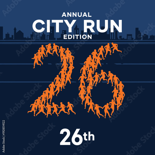 Annual City Run Edition Advertisement Featuring Orange Runners Forming the Number 26 for an Event