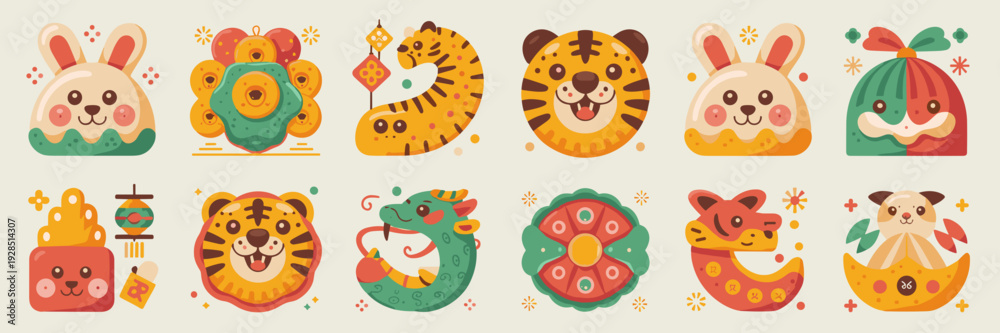 Obraz premium Cute animal shaped New Year treats – Perfect for festive stickers.