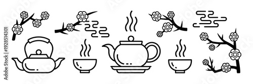 Clean black line tea culture icons – Great for scalable SVG assets.