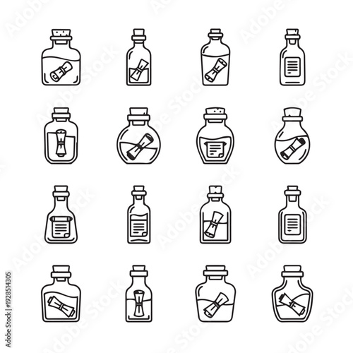 Set of 16 potion bottle icons with rolled scrolls inside line art isolated on white