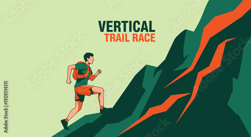 Athlete Climbing A Steep Mountain During A Vertical Trail Race, Illustration