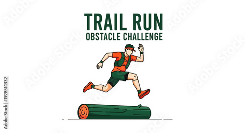 Athlete Jumping Over Log During Trail Run Obstacle Challenge In Minimalist Illustration