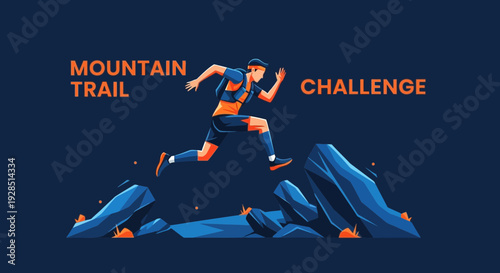 Athlete Leaping Over Mountain Obstacles Represents Trail Running Challenge Success
