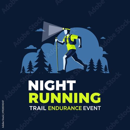 Athlete Navigating Darkness In An Endurance Trail Race Under The Night Sky For Event Graphics