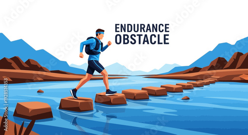 Athlete Navigating Obstacle Course Across Water Body, Endurance Challenge Ahead