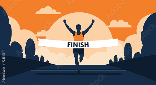 Athlete Reaches Victory at Finish Line During Marathon Race Against Sunset Sky