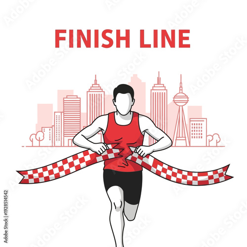 Athlete Reaches Victory, Breaking The Finish Ribbon During A City Marathon Race Triumph
