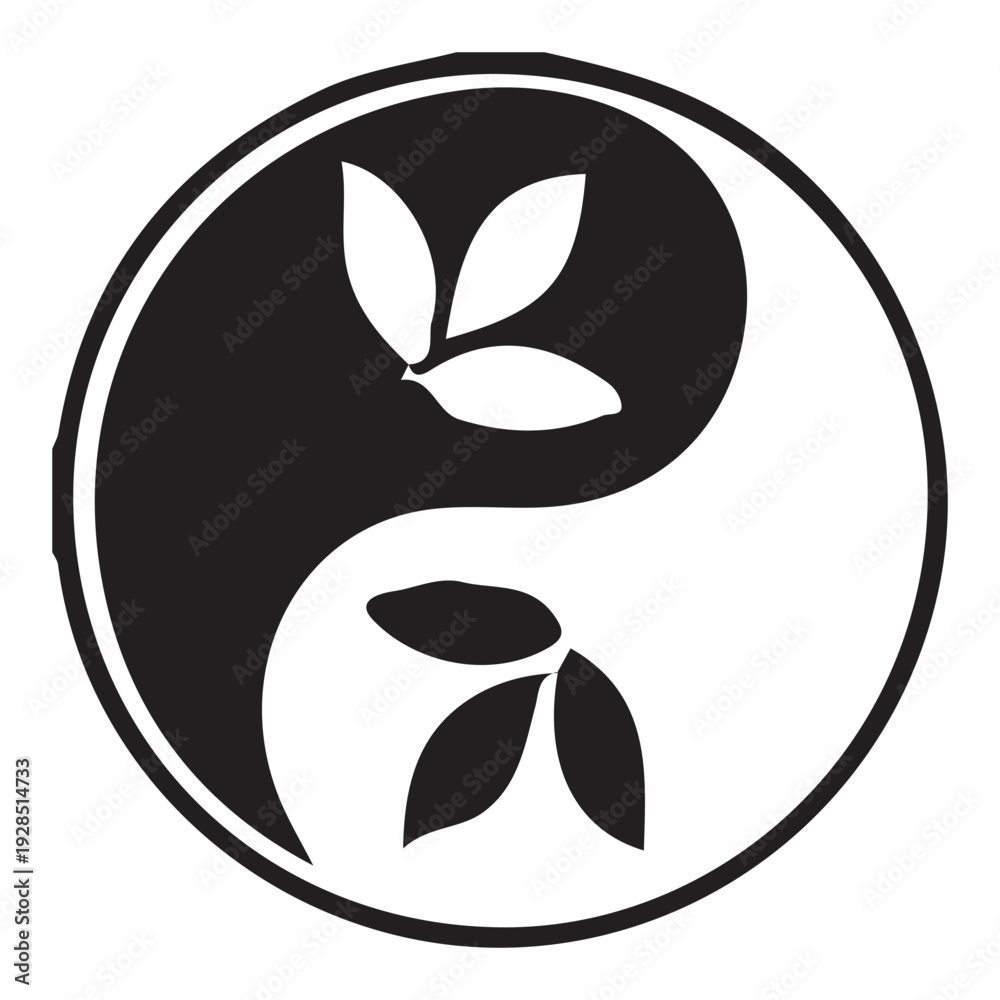 Fototapeta premium Minimalist Black and White Yin Yang Symbol with Leaf Elements