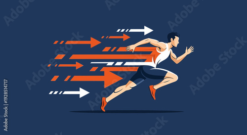 Athlete Sprinting Forward with Arrows Symbolizing Speed and Forward Momentum