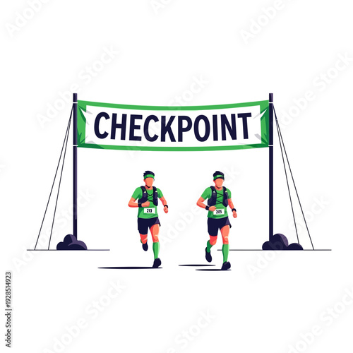 Athletes Approaching Checkpoint Banner During Endurance Race Demonstrating Dedication and