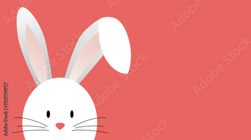 Minimalist illustration featuring a cute white bunny head in the corner on a solid coral pink background with copy space.