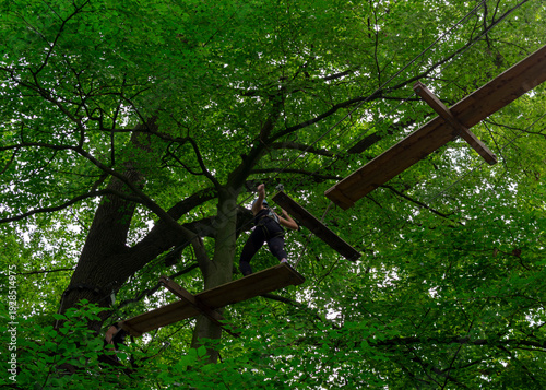 Young girl climbing wooden obstacle in forest adventure park