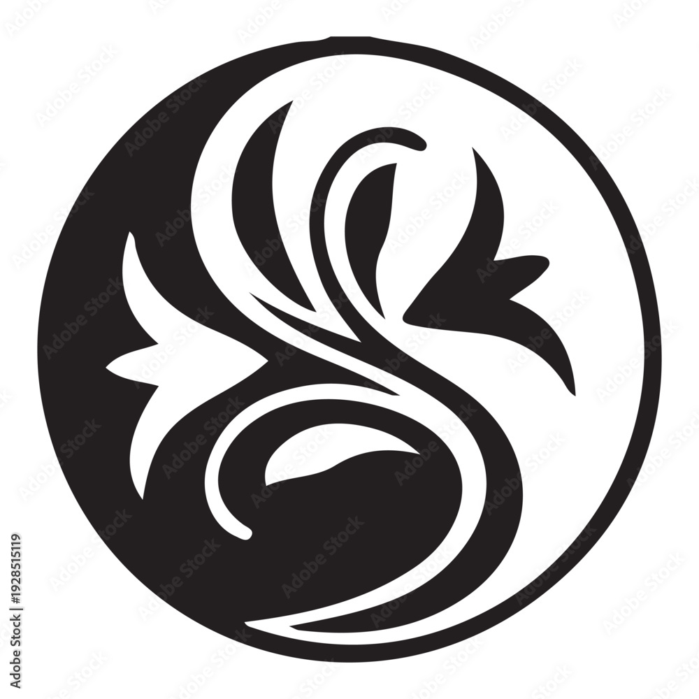 Naklejka premium Organic Floral Swirls in Monochromatic Yin Yang Circle Design