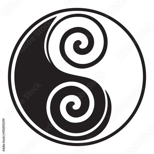 Abstract circular symbol featuring opposing black and white spirals.