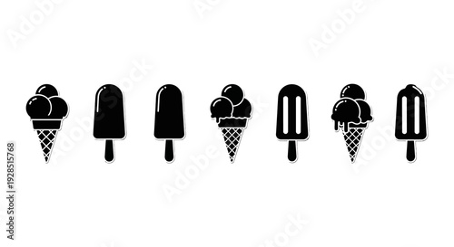 Black and white illustration of various ice cream treats and popsicles arranged in a row