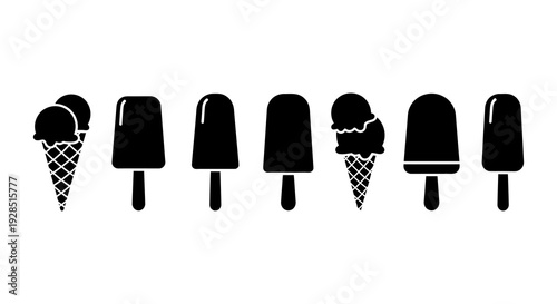 Black and white illustration of various frozen dessert icons in a row