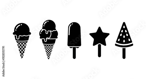 Black silhouette icons of ice cream popsicle star and christmas tree