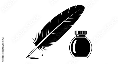 A classic black quill pen and inkwell depicted in a simple graphic style