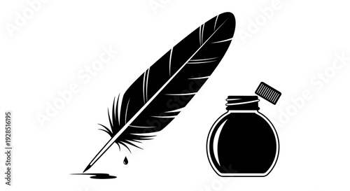 A black quill pen and inkwell a classic writing set illustration