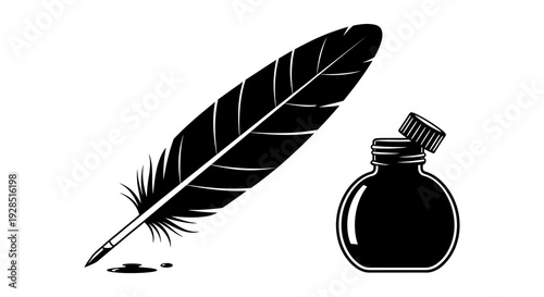 A black quill pen rests beside a small full inkwell on white