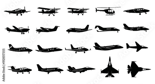 Collection of various aircraft silhouettes including planes jets and a helicopter