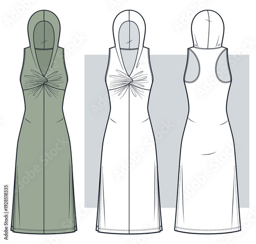 Hooded Midi Dress with Twist front Detail Technical Fashion Illustration. Jersey Dress Fashion Flat Technical Drawing Template, front and back view, side slits, white, sage green, women CAD mockup.