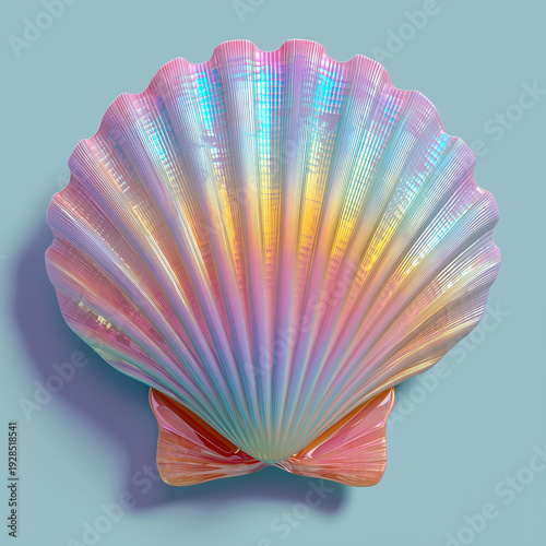 Seashell's Iridescent Symphony: A stunning, iridescent seashell, its delicate form and rainbow hues creating a captivating dance of light, set against a serene backdrop of pale blue.