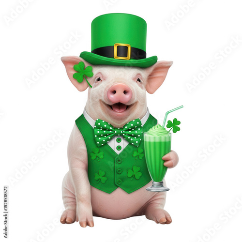 A festive pig dressed in a green outfit with a leprechaun hat and shamrock