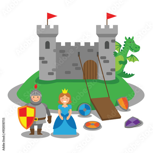 Fantasy Castle Scene with Knight, Princess, and Dragon.