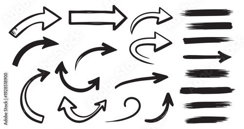 A collection of black and white arrows and lines on a white background for design and direction indication