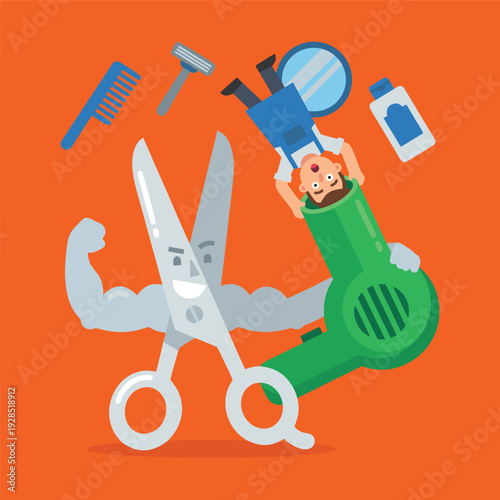 Funny Barber Shop Scene with Cartoon Scissors and Hair Dryer.