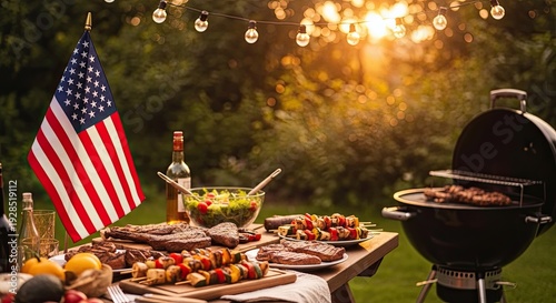 Labor day bbq celebration with american flag and grilled food