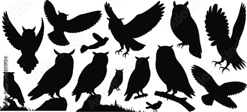 Owl silhouette vector illustration set, bird icons collection, nocturnal creature poses design, flying and perched graphics for wildlife, nature, mystery, education